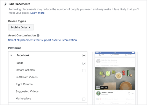 Select placements for a Facebook conversions campaign.
