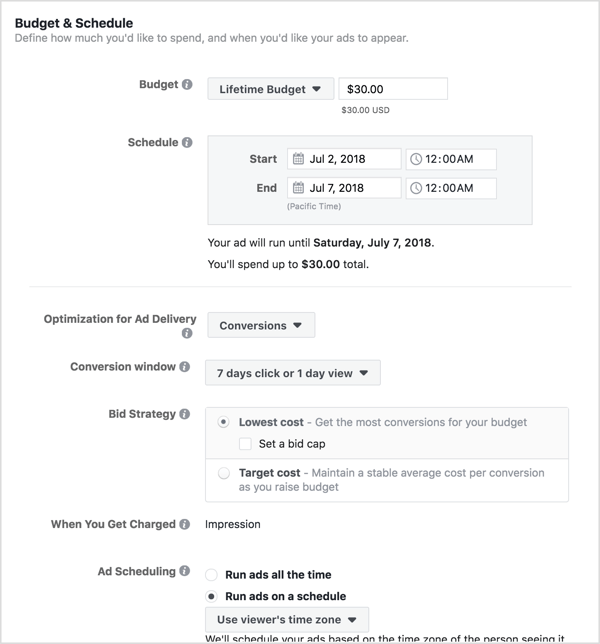 Set a budget and schedule for your Facebook campaign.