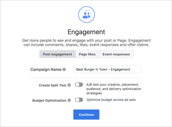 Enter a name for a Facebook engagement campaign.