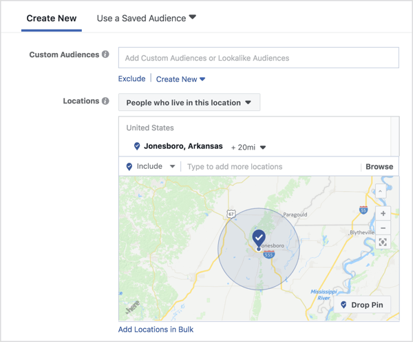 Select targeting for a Facebook engagement ad.