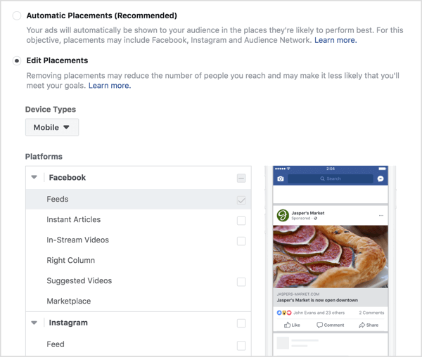 Select placements for a Facebook engagement ad.