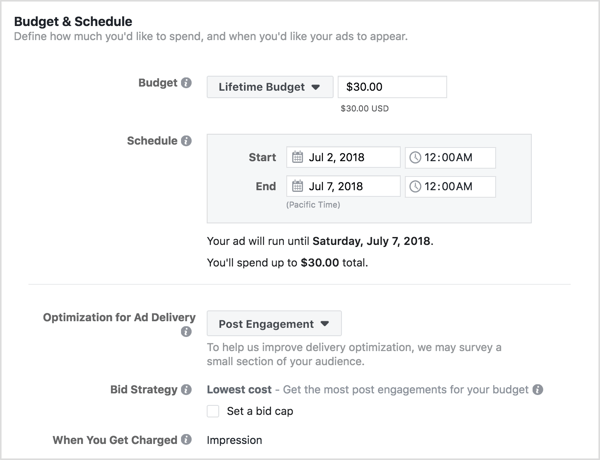 Set a budget and schedule for a Facebook engagement ad.