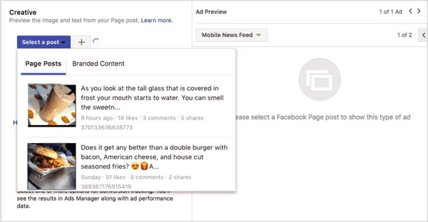Select a post for a Facebook engagement ad.
