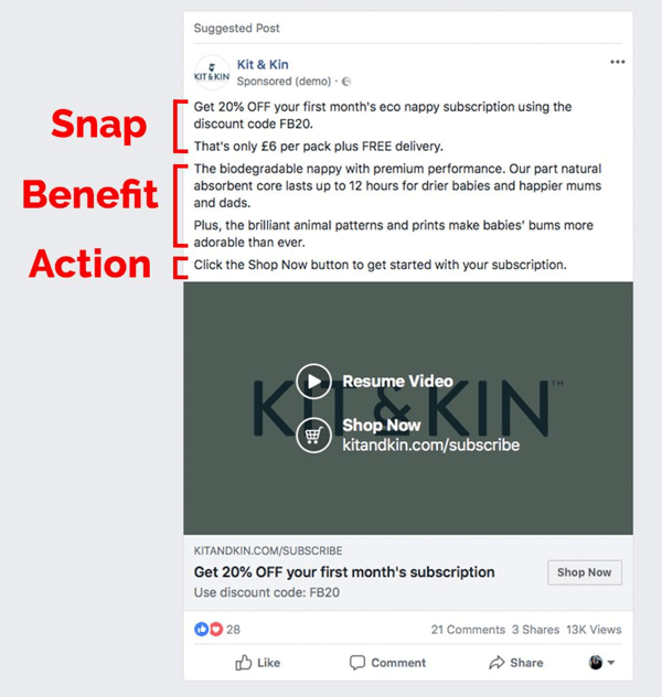 Exemplo de método de cópia SBS de anúncio do Facebook