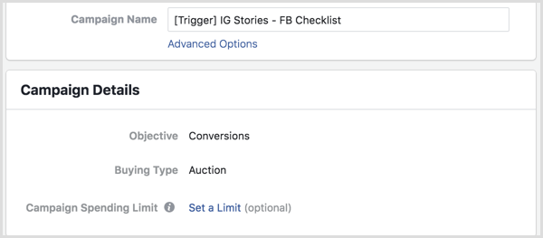 Facebook Ads Manager set up trigger campaign