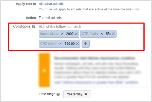 example of Facebook rule to turn off non-performing campaigns