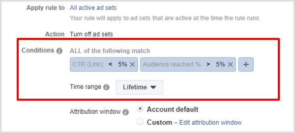 example of Facebook rule to turn off non-performing campaigns