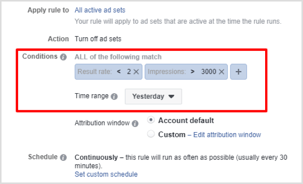 example of Facebook rule to turn off non-performing campaigns