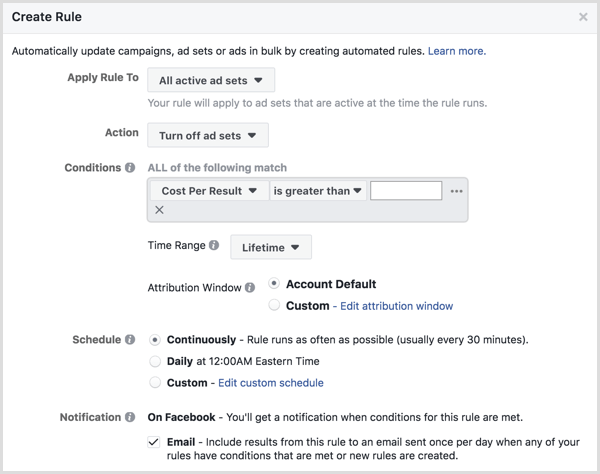 Facebook automated rules setup window