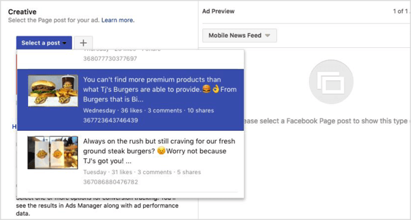 Select a Facebook post for your campaign.
