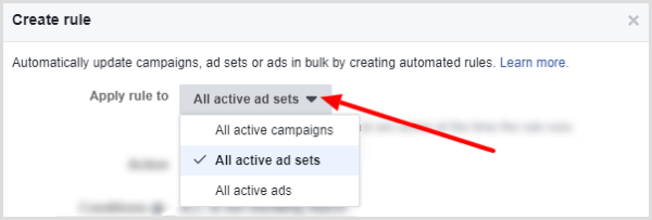 Your options are All Active Campaigns, All Active Ad Sets, and All Active Ads