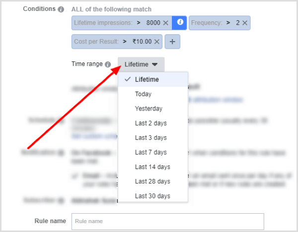Time range drop-down menu options when setting up condition for Facebook rule