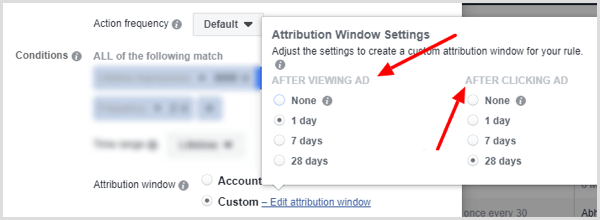 Attribution Window Settings options when setting up condition for Facebook rule