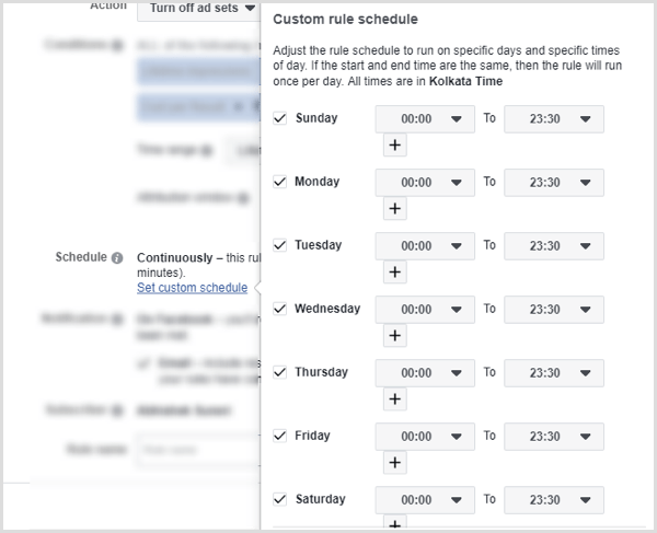 Set custom rule schedule for Facebook automated rule