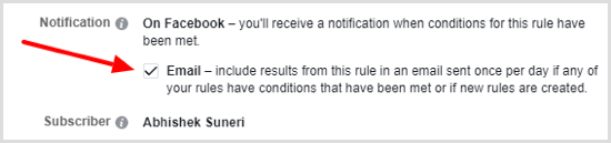Notification options for Facebook automated rule