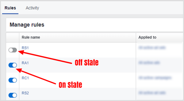 Slider to turn Facebook rule on or off