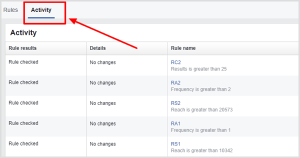 Activity tab on Facebook automated rules page