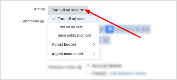 Action drop-down menu options when creating a Facebook rule.