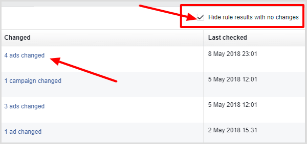 Hide rule results with no changes check box on Activity tab