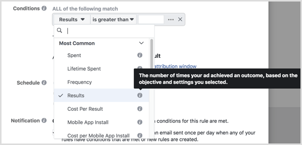 tooltip when setting up conditions for Facebook automated rule