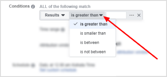 Logical expression options when setting up a condition for a Facebook automated rule