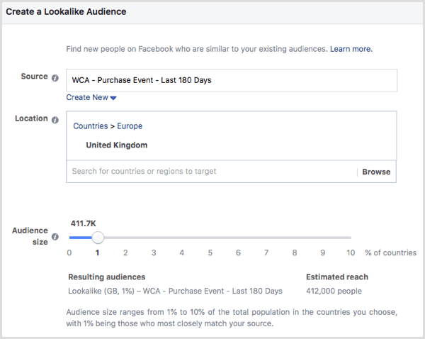 Facebook create event-based lookalike audience