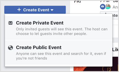 Create Event drop-down list options on Facebook Events page