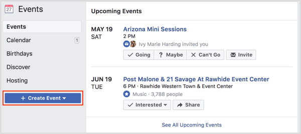 Create Event button on Facebook Events page