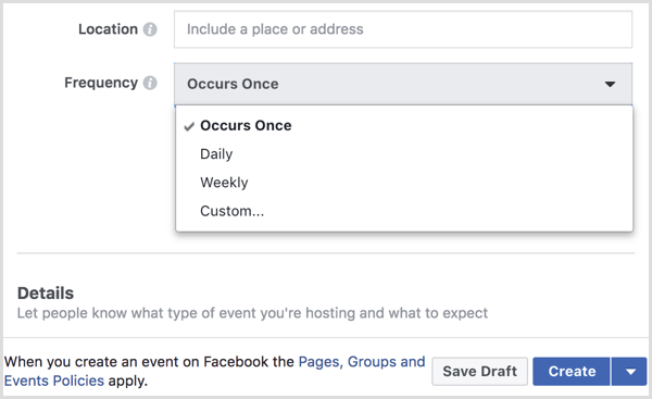 select interval from Frequency menu to create recurring event with Facebook page