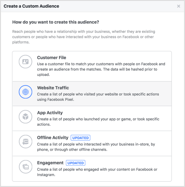 Website Traffic option in Create a Custom Audience dialog box