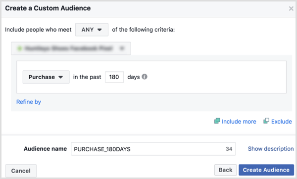 Choosing options to create a Facebook custom audience of buyers in the past 180 days