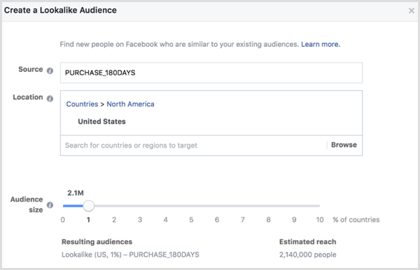 Choose options to create a Facebook lookalike based on a custom audience of buyers