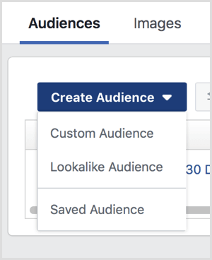 Create Audience drop-down menu options on Facebook Audiences page