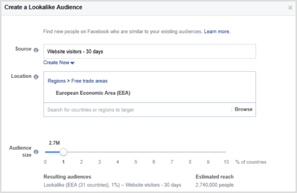 Choose options to set up a Facebook lookalike audience based on a custom audience of website visitors in the past 30 days