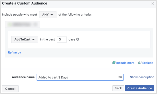 Choose options to create a Facebook custom audience based on AddToCart event