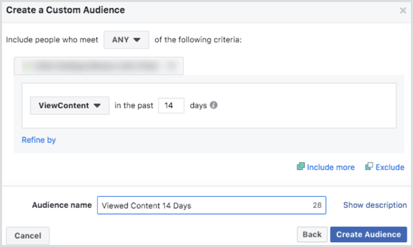 Choose options to create a Facebook custom audience website based on ViewContent eventthe 