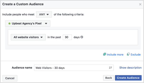 Choose options to create Facebook custom audience of all website visitors in the past 30 days