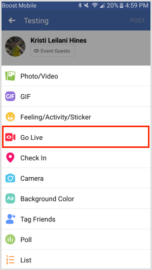 Go Live-Option für Facebook-Event über die mobile Facebook-App