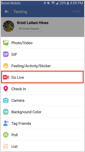Go Live option for Facebook event via Facebook mobile app