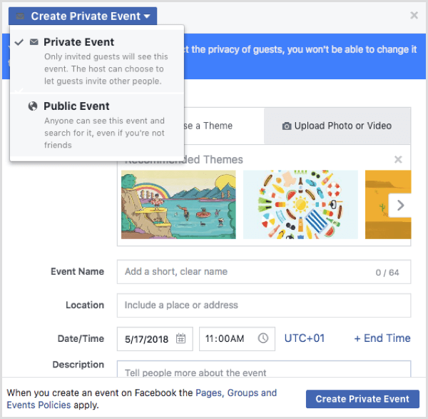 Facebook-Ereignisoptionen beim Erstellen eines Ereignisses aus einem Facebook-Profil