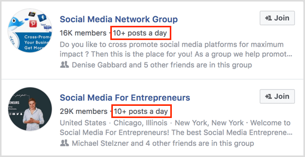 Beispiele für die Anzahl der Beiträge pro Tag für die Facebook-Gruppe
