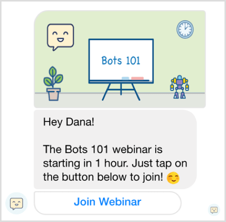 Facebook Messenger bot webinar reminder example