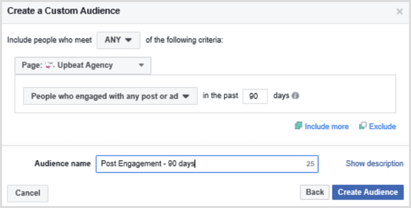 Choose options to set up a Facebook custom audience based on people who engaged with any post or ad in the past 90 days