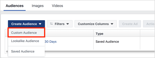 Select Custom Audiences from the Create Audience drop-down menu.