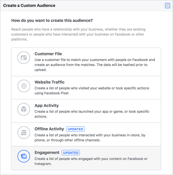 Select Engagement to create a Facebook custom audience.