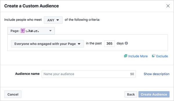 Fill in the criteria for a Facebook page engagement custom audience.