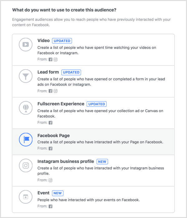Select Facebook Page option to create a engagement custom audience