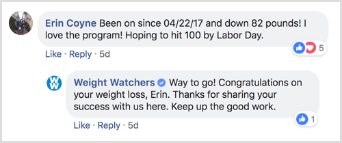 example of Facebook page response to user comment
