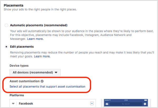 Facebook placement asset customization tool