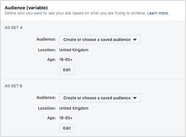 Recurso de teste de divisão do Facebook